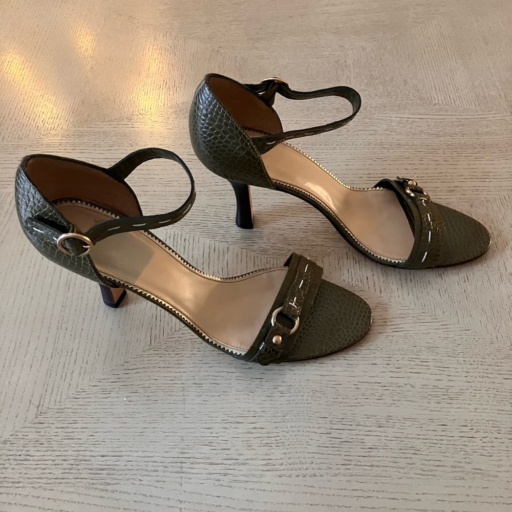 Audrey Brooke Olive Croc Embossed Leather Ankle Strap Heels